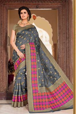 Grey woven satin saree with blouse 1