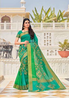 Green woven satin saree with blouse 1