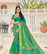 Green woven satin saree with blouse