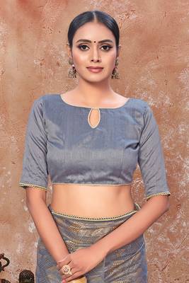 Grey plain silk saree with blouse 5