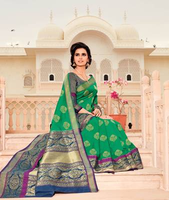 Green woven satin saree with blouse 1