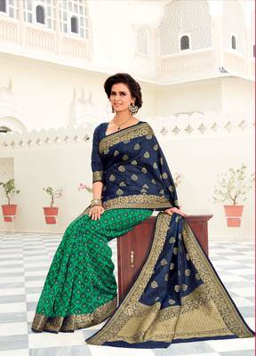 Navy blue woven satin saree with blouse 1