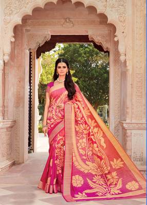 Pink woven satin saree with blouse 1