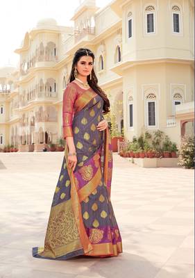 Blue woven satin saree with blouse 1