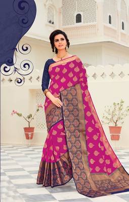 Pink woven satin saree with blouse 1