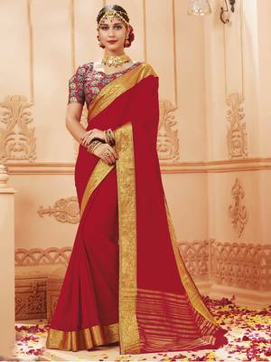 Red printed satin saree with blouse 1