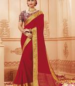 Red printed satin saree with blouse