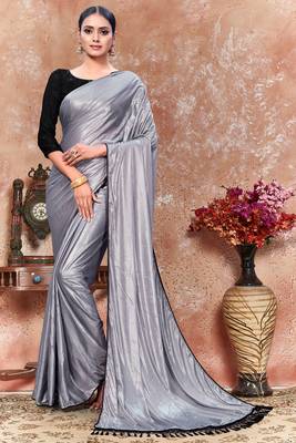 Silver plain silk saree with blouse 1