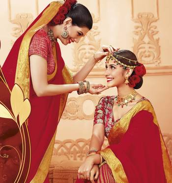 Red printed satin saree with blouse 2