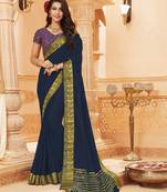 Navy blue printed satin saree with blouse