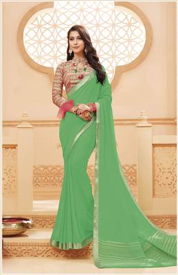 Light green printed satin saree with blouse 1