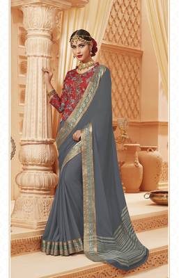 Grey printed satin saree with blouse 1