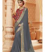 Grey printed satin saree with blouse