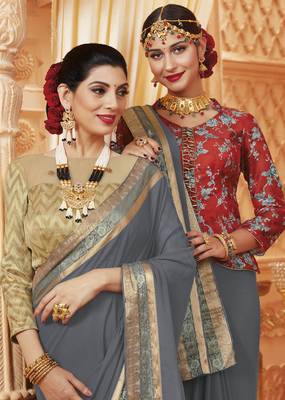 Grey printed satin saree with blouse 2