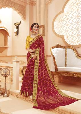 Maroon printed satin saree with blouse 1