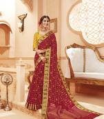 Maroon printed satin saree with blouse