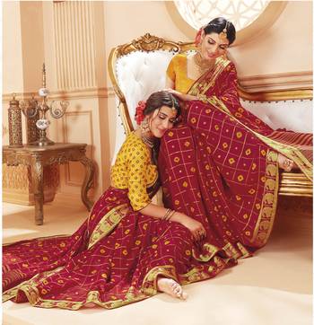 Maroon printed satin saree with blouse 2