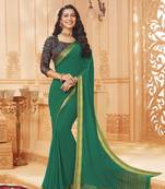 Green printed satin saree with blouse
