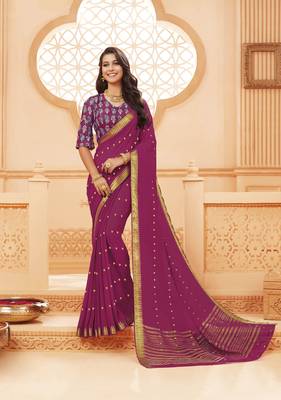 Dark magenta printed satin saree with blouse 1