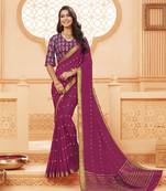 Dark magenta printed satin saree with blouse