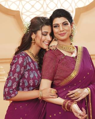 Dark magenta printed satin saree with blouse 2