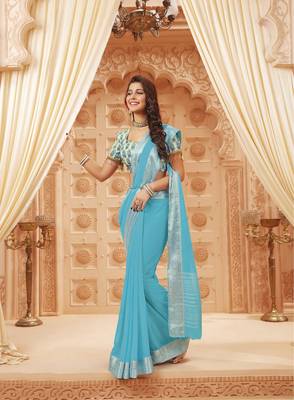 Sky blue printed satin saree with blouse 1