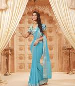 Sky blue printed satin saree with blouse