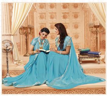 Sky blue printed satin saree with blouse 2