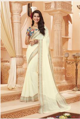 Cream printed satin saree with blouse 1