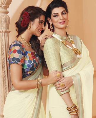 Cream printed satin saree with blouse 2