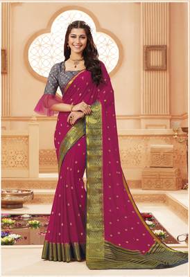 Rani pink printed satin saree with blouse 1