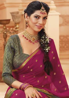 Rani pink printed satin saree with blouse 2