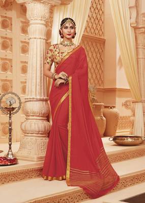 Coral printed satin saree with blouse 1