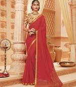 Coral printed satin saree with blouse