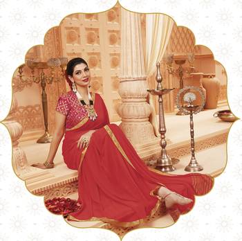 Coral printed satin saree with blouse 2