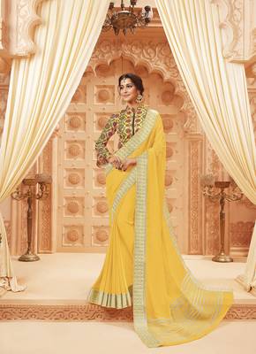 Yellow printed satin saree with blouse 1
