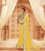 Yellow printed satin saree with blouse
