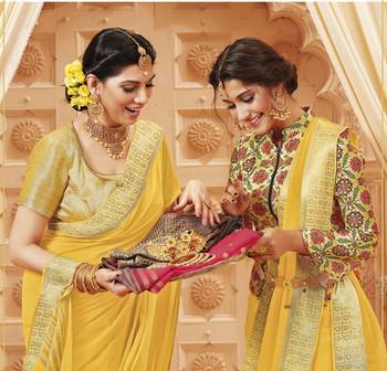 Yellow printed satin saree with blouse 2