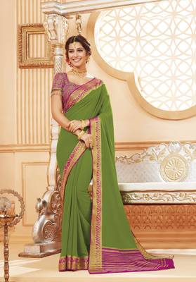Green printed satin saree with blouse 1