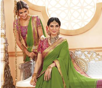 Green printed satin saree with blouse 2