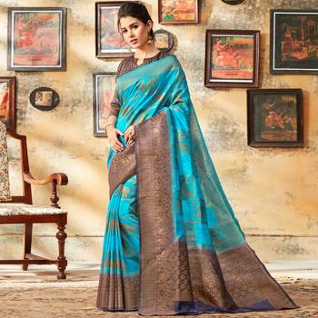 Blue woven cotton saree with blouse 1