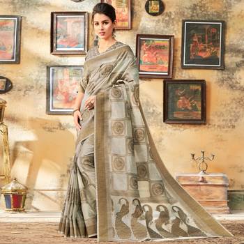 Beige woven cotton saree with blouse 1