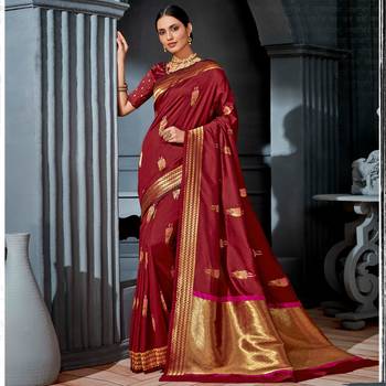 Maroon woven Silk Blend saree with blouse 1