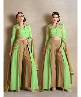 Green Embroidered Georgette Semi Stitched Salwar With Dupatta 2