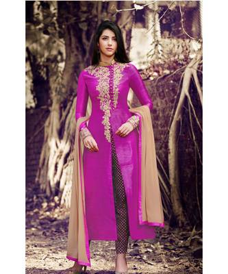 Magenta Embroidered Art Silk Semi Stitched Salwar With Dupatta 1