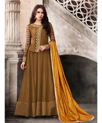 Mustard Embroidered Satin Semi Stitched Salwar With Dupatta 1