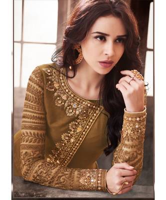 Mustard Embroidered Satin Semi Stitched Salwar With Dupatta 2