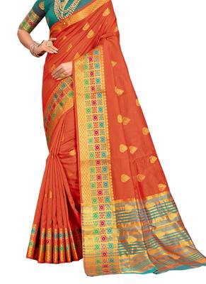 Rust Woven Cotton Silk Saree With Blouse 2