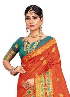 Rust Woven Cotton Silk Saree With Blouse 3