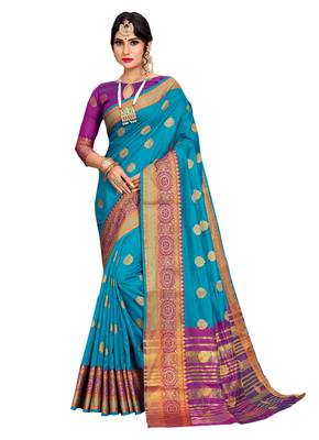 Turquoise Woven Cotton Silk Saree With Blouse 1
